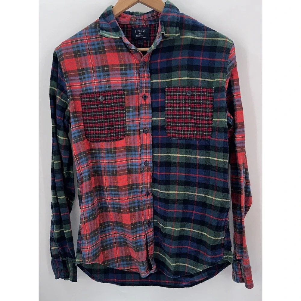 J Crew Mens Medium Patchwork Plaid Tartan Flannel Button Up‎ Long Sleeve Pocket